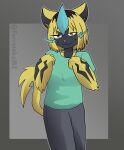 4_fingers absurd_res alternate_species anthro biped blue_eyes bottomwear cel_shading chainsmoker_cat cheek_tuft claws clothed clothed_anthro clothed_female clothing colored cute_fangs digital_drawing_(artwork) digital_media_(artwork) efradraws facial_tuft fangs female female_anthro fingers fur furrification generation_7_pokemon grey_body grey_nose hi_res kemono legendary_pokemon looking_at_viewer navel nintendo pants pokemon pokemon_(species) portrait pose pupils shaded shirt slit_pupils smile solo teeth three-quarter_portrait topwear tuft yakuko_etsushimaru yellow_body yellow_fur zeraora