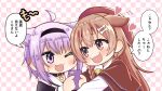  2girls :3 ahoge animal_collar animal_ears black_collar black_hairband bone_hair_ornament brown_capelet brown_eyes brown_hair capelet cat_ears cat_girl checkered_background collar commentary_request dog_ears dog_girl fang fangs hair_ornament hairband hat heart highres holding holding_phone hololive inugami_korone inugami_korone_(street) matsubara_tsuyoshi multiple_girls nekomata_okayu nekomata_okayu_(school_uniform) one_eye_closed phone purple_eyes purple_hair red_hat skin_fangs sweatdrop translation_request virtual_youtuber 