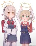  2girls :d ? artist_name backpack bag black_shirt black_skirt blonde_hair blue_archive blue_dress blush bone_boom_(waesrdtfyguhijik) bow bowtie brown_hair brown_halo coat collared_shirt commentary cowboy_shot crossover dress earmuffs eyewear_hang fake_halo green_eyes hair_ornament halo highres indie_virtual_youtuber long_sleeves look-alike miniskirt multiple_girls neck_ribbon open_clothes open_coat pleated_dress pleated_skirt pom_pom_(clothes) pom_pom_hair_ornament rana_(blue_archive) randoseru red_bag red_bow red_bowtie red_ribbon ribbon shigure_ui_(vtuber) shigure_ui_(young)_(vtuber) shirt short_dress short_hair simple_background skirt sleeves_past_fingers sleeves_past_wrists smile two_side_up untranslatable_commentary unworn_eyewear white_background white_coat white_shirt yellow_eyes yellow_halo 