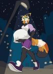 2026 adrian_della_(elizapregs) ailurid anthro belly big_belly black_body black_fur bottomwear city cityscape clothing digital_drawing_(artwork) digital_media_(artwork) elizapregs english_description female footwear fur green_eyes hand_in_pocket hi_res low-angle_view mammal night orange_body orange_fur pockets pregnant pregnant_anthro pregnant_female purple_bottomwear purple_clothing purple_footwear purple_shoes purple_shorts red_panda shirt shoes shorts solo street_lamp t-shirt tan_body tan_fur topwear underbelly walking white_clothing white_shirt white_t-shirt white_topwear