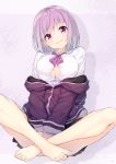  1girl bangs bare_legs barefoot blouse breasts button_gap cleavage convenient_leg crossed_legs eyebrows_visible_through_hair feet full_body head_tilt highres jacket large_breasts looking_at_viewer neck_ribbon nijihashi_sora off_shoulder pleated_skirt purple_eyes purple_hair ribbon school_uniform shinjou_akane short_hair sitting skirt smile solo ssss.gridman toenails toes v_arms white_background white_blouse 