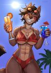 5_fingers abs alcohol anthro athletic athletic_anthro athletic_female beach beverage bikini bikini_bottom bikini_top black_hair black_nose breasts brown_body brown_fur canid canine canis chest_tuft claws clothed clothed_anthro clothed_female clothing cocktail day eyes_closed eyewear eyewear_on_head fangs female finger_claws fingers fur grin hair hi_res humanoid_hands jewelry kastoluza mammal navel necklace outside smile solo sun sunglasses sunglasses_on_head swimwear tail teeth tuft two-piece_swimsuit wearing_sunglasses wolf zoe_(arcori)