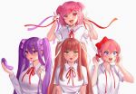  4girls :d alternate_hairstyle bangs blue_eyes blush bow doki_doki_literature_club double_v eyebrows_visible_through_hair fang green_eyes hair_between_eyes hair_bow hair_ornament hair_ribbon hairclip highres long_hair looking_at_viewer low_twintails monika_(doki_doki_literature_club) multiple_girls natsuki_(doki_doki_literature_club) neck_ribbon open_mouth parted_lips pink_eyes potetos7 purple_eyes purple_ribbon red_bow red_ribbon ribbon sayori_(doki_doki_literature_club) shirt short_hair short_sleeves short_twintails simple_background smile twintails twitter_username two_side_up v v-shaped_eyebrows white_background white_ribbon white_shirt wing_collar yuri_(doki_doki_literature_club) 