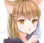 1girl animal_ears bangs brown_eyes brown_hair chano_hinano chestnut_mouth commentary_request eyebrows_visible_through_hair fang fish_hair_ornament hair_ornament hand_up hood hood_down looking_at_viewer original parted_lips simple_background solo white_background 