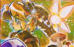  1boy blonde_hair blue_eyes child closed_mouth collared_tunic commentary curtained_hair english_commentary fairy green_background green_hat green_tunic hat hat_feather highres link long_pointy_ears male_focus mushroom navi pointy_ears profile short_hair the_legend_of_zelda the_legend_of_zelda:_ocarina_of_time the_legend_of_zelda:_ocarina_of_time_(remake) traditional_media tunic upper_body very_short_hair woody_(beastlyfigurine) young_link 
