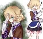  1girl :d bare_legs blonde_hair blush charlielee86545 closed_eyes commentary_request eighth_note green_background green_eyes hand_on_own_face medium_hair mizuhashi_parsee musical_note open_mouth pointy_ears simple_background smile solo standing touhou two-tone_background white_background 