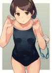  1girl alternate_costume banned_artist bare_arms bare_legs bare_shoulders black_swimsuit brown_eyes brown_hair collarbone cowboy_shot goggles goggles_around_arm kantai_collection looking_at_viewer makio_(makiomeigenbot) parted_lips ponytail school_swimsuit shikinami_(kantai_collection) short_hair signature solo spaghetti_strap swimsuit 