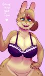  &lt;3 2019 big_breasts blue_eyes bottomless bra breasts brown_body brown_fur buckteeth cleavage clothed clothing dialogue english_text eyelashes fangs female fur hair hazel_(shakotanbunny) huge_breasts inviting lagomorph leporid looking_at_viewer mammal multicolored_body multicolored_fur navel neck_tuft open_mouth open_smile partially_clothed pink_background rabbit shakotanbunny short_hair simple_background slightly_chubby smile solo teeth text thick_thighs tuft underwear wide_hips 