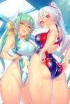  2girls aqua_swimsuit ass back bangs bare_shoulders blue_swimsuit blush bow breasts collarbone dragon_horns fate/grand_order fate_(series) green_hair hair_between_eyes hair_bow hair_ribbon highleg highleg_swimsuit highres horns kiyohime_(fate/grand_order) large_breasts long_hair looking_at_viewer looking_back mckeee multiple_girls multiple_horns one-piece_swimsuit open_mouth ponytail red_eyes red_ribbon red_swimsuit ribbon sidelocks silver_hair smile swimsuit tomoe_gozen_(fate/grand_order) two-tone_swimsuit yellow_bow yellow_eyes 