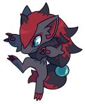  2019 ambiguous_gender anthro black_markings blue_eyes canid canine chibi claws fur grey_body grey_fur hair head_markings highlights_(coloring) killu mammal markings nintendo pok&eacute;mon pok&eacute;mon_(species) ponytail red_claws red_hair red_inner_ear red_markings simple_background solo toe_claws tuft video_games white_background zoroark 
