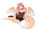  5_fingers anthro breasts clothed clothing corset digital_media_(artwork) feathered_wings feathers female fingers fur hair hybrid kaitycuddle lingerie paws signature simple_background sitting solo topwear wings 