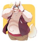  2019 anthro belly bottomwear breeze_in_the_clouds canid canine canis clothing cori_(breeze_in_the_clouds) domestic_dog eyes_closed fur hoodie male mammal overweight overweight_male pants seiryuuden simple_background solo topwear white_body white_fur 
