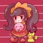  1girl =_= ashley_(warioware) black_hair chibi commentary_request dated_commentary dress gen_1_pokemon herunia_kokuoji holding kirby kirby_(series) long_hair looking_at_another looking_up nintendo open_mouth pikachu pokemon pokemon_(creature) sleeves_past_wrists smile standing striped striped_background triangle_mouth twintails very_long_hair warioware |_| 