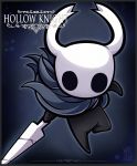  2018 ambiguous_gender black_eyes cape clothing english_text hollow_knight hollow_knight_(character) horn melee_weapon signature solo sword team_cherry text vessel_(species) video_games weapon woofzilla 