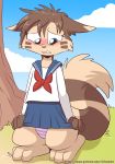  anthro blue_eyes blush bottomwear clothing digitigrade ears_down female fluffy fluffy_tail fuf fur furret grass hi_res looking_down miniskirt multicolored_body multicolored_fur nintendo outside panties pink_stripes pivoted_ears pok&eacute;mon pok&eacute;mon_(species) school_uniform skirt skirt_tug solo stripes text tree two_tone_body two_tone_fur underwear uniform url video_games 