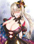  black_dress breast_press breasts cleavage dress fate/grand_order fate_(series) hair_ornament hand_on_own_chest highres large_breasts long_hair looking_at_viewer marie_antoinette_(alter)_(fate/grand_order) marie_antoinette_(fate/grand_order) pale_skin sang_youmu side_ponytail smile 