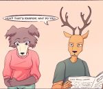  2020 anthro antlers beastars brown_body brown_fur canid canine canis cervid cheek_tuft comic dialogue duo eden_fries english_text facial_tuft female fur hi_res holding_object horn juno_(beastars) louis_(beastars) male mammal newspaper simple_background speech_bubble text tuft wolf 