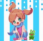  1girl :3 ana_(warioware) commentary_request dated_commentary eye_contact frog green_eyes heart heart_in_mouth herunia_kokuoji looking_at_another ninja open_mouth orange_hair scarf short_twintails smile squatting striped striped_background twintails warioware 