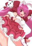  1girl :d animal_ears antenna_hair blush bow breasts bunny_ears cleavage di_gi_charat dice_hair_ornament eyebrows_visible_through_hair frilled_skirt frills hair_bow hair_ornament looking_at_viewer medium_breasts open_mouth pink_hair red_bow red_eyes red_ribbon red_skirt ribbon senzoc simple_background skirt smile solo twintails twitter_username usada_hikaru white_background wrist_ribbon 