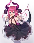  1girl absurdres black_skirt blue_eyes breasts curled_horns detached_sleeves dragon_girl dragon_horns dragon_tail elizabeth_bathory_(fate) elizabeth_bathory_(fate)_(all) fang fate/grand_order fate_(series) gradient gradient_background grey_background hair_ribbon highres horns long_hair looking_at_viewer open_mouth pantyhose pink_hair pointy_ears purple_ribbon ribbon skirt small_breasts smile solo tail white_legwear z_loader 