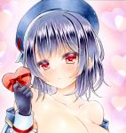  1girl bangs bare_shoulders beret black_gloves black_hair blue_headwear blue_jacket blush box breasts cleavage collarbone commentary_request eyebrows_visible_through_hair gift gift_box gloves graphite_(medium) hair_between_eyes hat heart heart-shaped_box heart_background highres holding holding_box jacket kantai_collection looking_at_viewer medium_breasts nekofish666 open_clothes open_jacket portrait red_eyes short_hair sidelocks solo takao_(kantai_collection) traditional_media 