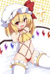  1girl ascot bare_shoulders blonde_hair breasts cameltoe fang flandre_scarlet gloves hat hat_ribbon long_hair looking_at_viewer mob_cap open_mouth red_eyes red_ribbon revealing_clothes ribbon rizento sitting small_breasts smile solo thighhighs touhou white_background white_gloves white_headwear white_legwear wings yellow_neckwear 