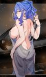  1girl ass azur_lane back backless_dress backless_outfit bangs bare_shoulders blue_hair bracelet breasts car dress earrings evening_gown grey_dress ground_vehicle hair_between_eyes hair_ornament hairclip halter_dress highres jewelry large_breasts looking_back motor_vehicle myumi necklace parted_lips pink_eyes plunging_neckline revealing_clothes side_ponytail side_slit sideboob sidelocks silver_dress st._louis_(azur_lane) st._louis_(luxurious_wheels)_(azur_lane) strap_pull 