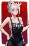  1girl absurdres apron breasts cleavage clothes_writing collarbone demon_girl hand_on_hip helltaker highres horns kidmo large_breasts looking_at_viewer lucifer_(helltaker) mole mole_under_eye naked_apron red_background red_eyes solo white_hair white_horns 