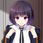  1girl bangs blunt_bangs blush bob_cut closed_mouth collar collared_shirt holding huyumitsu indoors jacket long_sleeves looking_at_viewer mikami_kaho necktie open_clothes open_jacket purple_eyes purple_hair shirt short_hair smile solo straight_hair striped striped_neckwear upper_body white_shirt world_trigger 