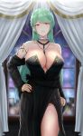  1girl absurdres archstreal azur_lane bangs bare_shoulders between_breasts black_dress black_panties breasts cleavage collarbone commentary dress earrings eyebrows_visible_through_hair green_hair hand_on_hip head_tilt highres indoors jewelry large_breasts littorio_(azur_lane) littorio_(calabria_aurea)_(azur_lane) long_dress long_hair long_sleeves looking_at_viewer multicolored_hair nail_polish necklace panties parted_lips red_eyes red_nails see-through smile solo standing streaked_hair swept_bangs thigh_strap thighhighs underwear very_long_hair 