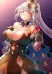  absurdres black_dress black_gloves breasts cleavage curecycad08 dress fate/grand_order fate_(series) gloves hair_ornament hand_on_own_chest highres large_breasts long_hair looking_at_viewer marie_antoinette_(alter)_(fate/grand_order) marie_antoinette_(fate/grand_order) pale_skin side_ponytail smile yellow_eyes 