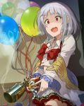  1girl balloon bow bowtie commentary_request eyebrows_visible_through_hair granblue_fantasy gun hair_between_eyes hinami_(hinatamizu) holding holding_gun holding_weapon indoors layered_skirt long_sleeves looking_at_viewer medium_hair open_mouth red_eyes red_neckwear scared shirt silver_hair skirt smoke smoking_gun solo sweatdrop vikala_(granblue_fantasy) wall weapon white_shirt white_skirt 