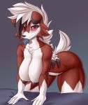  4_fingers anthro bed big_breasts blush breast_squish breasts condom condom_in_mouth cooliehigh female fingers furniture hi_res looking_at_viewer lycanroc midnight_lycanroc nintendo nipples nude pok&eacute;mon pok&eacute;mon_(species) red_eyes red_sclera sexual_barrier_device solo squish thick_thighs video_games 
