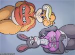  anthro bonnie_hopps bottomless breasts buckteeth clothed clothing disney duo english_text female genitals holding_breast lagomorph leporid looking_at_viewer lying mammal mature_female on_back overweight patricia_bunny pubes pussy rabbit sketchybug teeth text the_looney_tunes_show thick_thighs warner_brothers zootopia 