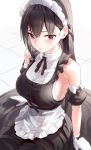  1girl apron bare_shoulders black_hair blue_eyes blush braid detached_sleeves dress eyeliner full_body gloves highres kfr long_hair maid maid_apron maid_headdress makeup original solo white_gloves 