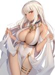  1girl artist_request azur_lane bangs bare_shoulders blush breasts center_opening cleavage closed_mouth collarbone dark_skin dated dress dress_lift eyebrows_visible_through_hair facial_mark forehead_mark halter_dress head_tilt highres large_breasts lifted_by_self looking_at_viewer massachusetts_(azur_lane) massachusetts_(dressed_to_impress)_(azur_lane) native_american red_eyes signature silver_hair simple_background sleeveless sleeveless_dress solo standing thighhighs thighlet white_background white_dress 