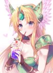  1girl blonde_hair blue_eyes breasts cleavage collarbone commentary_request drink drinking drinking_straw eyebrows_visible_through_hair heart helmet long_hair medium_breasts riesz sanom seiken_densetsu seiken_densetsu_3 solo upper_body white_background winged_helmet 