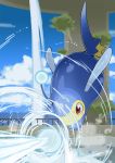  anglerfish attack cloud commentary_request day fence gen_2_pokemon glowing ice_beam_(pokemon) lanturn no_humans outdoors pokemon pokemon_(creature) pokemon_(game) pokemon_battle pokemon_battle_revolution red_eyes sky toranoe water waterfall 