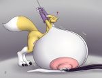  2020 absurd_res anthro areola badgerben big_breasts breast_expansion breasts canid digimon digimon_(species) female hi_res huge_breasts hyper hyper_breasts mammal milk moan nipples open_mouth renamon solo 