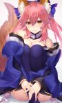  1girl absurdres animal_ear_fluff animal_ears bangs bare_shoulders blue_kimono blue_legwear blush breasts cleavage fate/extra fate_(series) fox_ears fox_girl fox_tail gakuon_(gakuto) hair_between_eyes highres japanese_clothes kimono large_breasts long_hair long_sleeves looking_at_viewer pink_hair sidelocks simple_background smile tail tamamo_(fate)_(all) tamamo_no_mae_(fate) thighhighs white_background wide_sleeves yellow_eyes 
