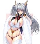  antenna_hair bangs blue_eyes breasts detached_collar eyebrows_visible_through_hair grey_hair hands_on_own_chest headdress highres huge_breasts long_hair looking_at_viewer masao nipples original revealing_clothes smile thighhighs two-tone_background white_background white_legwear wide_sleeves 