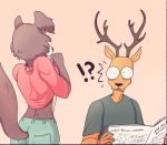  2020 ?! anthro antlers beastars brown_body brown_fur canid canine canis cervid comic duo eden_fries english_text female flashing fur hi_res horn juno_(beastars) louis_(beastars) male mammal newspaper surprise text wolf 