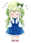  &gt;_&lt; 1girl bangs blue_skirt blush bogyaku_no_m collared_shirt eyebrows_visible_through_hair frilled_skirt frills frog_hair_ornament green_hair hair_ornament hair_tubes hands_on_own_cheeks hands_on_own_face kochiya_sanae long_hair minigirl shirt shy simple_background skirt snake_hair_ornament sweatdrop touhou white_background white_legwear white_shirt 