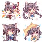  1girl animal_ear_fluff animal_ears blue_capelet blue_shirt blue_skirt blush bow bowtie brown_eyes brown_hair capelet cat_ears cat_girl cat_tail chibi commentary_request eyebrows_visible_through_hair hair_between_eyes highres holding holding_umbrella jacket japanese_clothes kimono long_hair looking_at_viewer mouse nekofish666 open_clothes open_jacket open_mouth original outstretched_arm plaid plaid_skirt pleated_skirt raincoat red_neckwear shirt skirt snow_bunny tail twintails umbrella white_legwear white_shirt 
