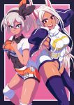  2girls abs animal_ears ass ass-to-ass bare_arms black_bodysuit black_hairband bodysuit bodysuit_under_clothes boku_no_hero_academia breasts bunny_ears bunny_tail closed_mouth cropped_shirt crossover eyebrows_visible_through_hair fur_collar furrowed_eyebrows gloves grey_eyes grey_hair gym_leader hairband hands_on_own_chest hands_up highres impossible_clothes impossible_leotard knee_pads leotard long_hair long_sleeves medium_hair mirko multiple_girls open_mouth pokemon pokemon_(game) pokemon_swsh rabbit_girl red_eyes ringed_eyes saitou_(pokemon) scalizo_art shorts signature single_glove sleeves_past_wrists smile tail tail_through_clothes thighhighs twitter_username white_hair 