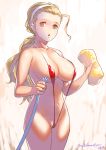 1girl :o areolae blonde_hair breasts brown_eyes cleavage collarbone covered_nipples cowboy_shot girls_und_panzer hair_pulled_back hair_strand hairband holding_hose holding_sponge hose jack_hamster large_breasts long_hair looking_at_viewer navel ponytail red_swimsuit sasaki_akebi slingshot_swimsuit solo sponge swimsuit yellow_sponge 