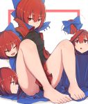  1girl absurdres bare_legs barefoot black_shirt blue_bow bow cloak covered_mouth disembodied_head feet hair_between_eyes hair_bow highres knees_up looking_at_viewer miniskirt red_cloak red_eyes red_hair red_skirt sekibanki senzaicha_kasukadoki shirt short_hair simple_background sitting skirt solo toes touhou white_background 