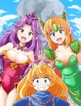  3girls :d angela_(seiken_densetsu_3) blonde_hair blue_eyes breasts charlotte_(seiken_densetsu_3) cleavage clenched_teeth eyebrows_visible_through_hair green_eyes hands_on_hips hat helmet highres jewelry kitayama_miuki long_hair looking_at_viewer medium_breasts multiple_girls open_mouth pink_headwear purple_hair purple_headwear riesz ring seiken_densetsu seiken_densetsu_3 smile teeth upper_body winged_helmet 