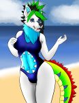  absurd_res anthro beach black_hair blue_body blue_clothing blue_eyes blue_fur blue_swimwear breasts bulge canid canine canis clothing cloud dark_sclera darkdukewolf domestic_dog dragon elissabeth(darkdukewolf) fur green_hair gynomorph hair hi_res hybrid intersex looking_at_viewer mammal multicolored_body multicolored_fur open_mouth sand seaside sharkini sky solo swimwear teeth two_tone_body two_tone_fur white_body white_fur 