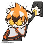  1girl animal_ears arknights bangs black_hair capelet chalkboard chibi claws commentary_request company_name cropped_torso furry glasses line_(naver) multicolored_hair nail official_art orange_eyes orange_hair scratching semi-rimless_eyewear short_hair simple_background solo streaked_hair tail tiger_ears tiger_girl tiger_tail tinted_eyewear under-rim_eyewear waai_fu_(arknights) watermark white_background white_hair 